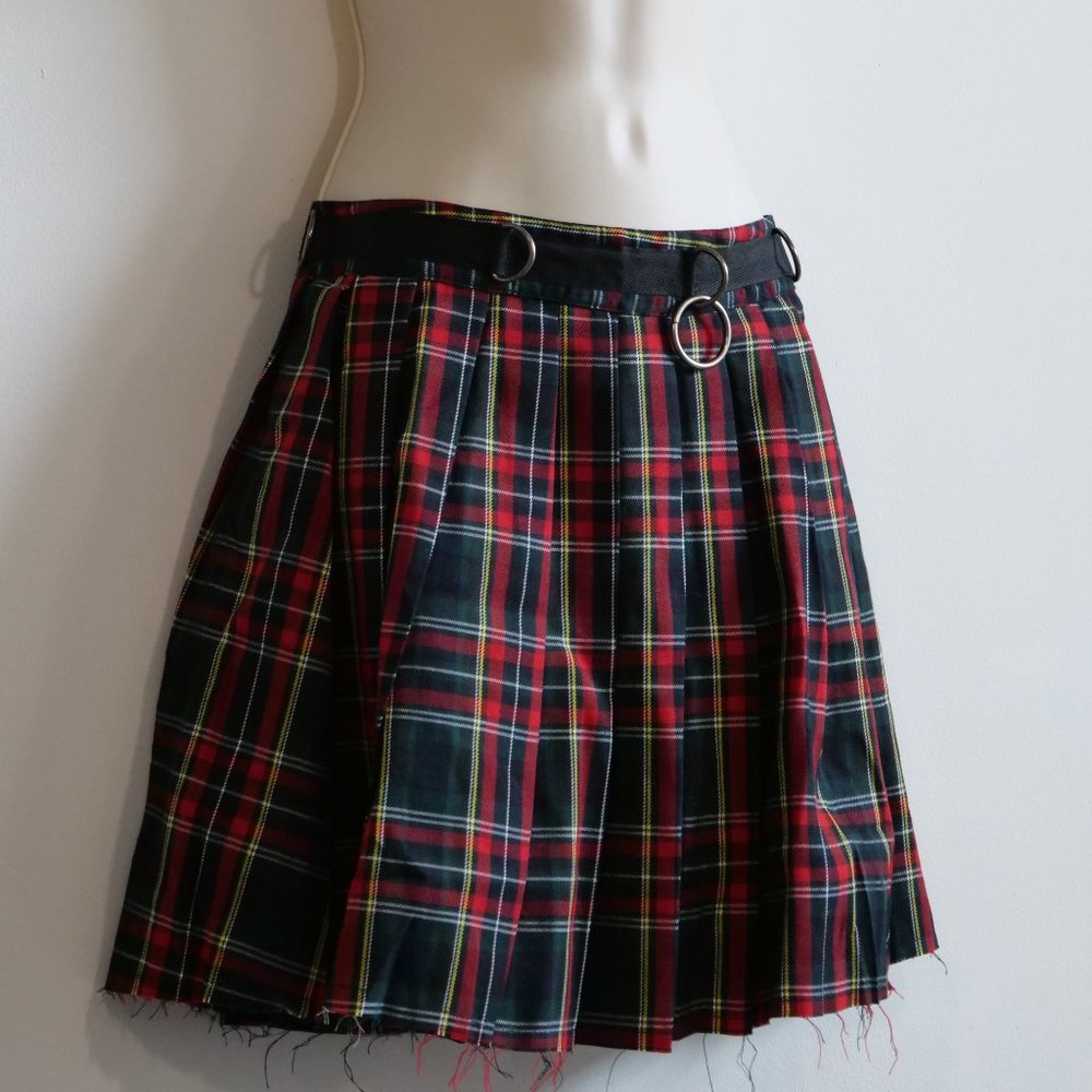 Current Mood "Dress Code" Crimson Plaid Frayed Schoolgirl Skirt - Size SMALL